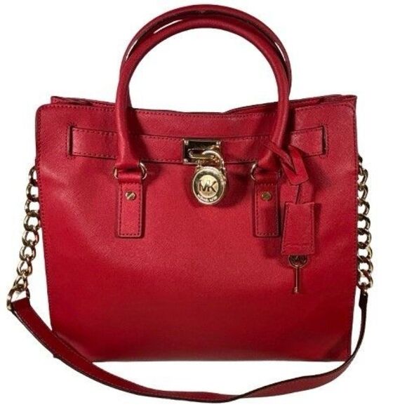 Michael Kors Hamilton Large Red Leather Satchel Tote Shopper Shoulder Bag Purse - Picture 1 of 16